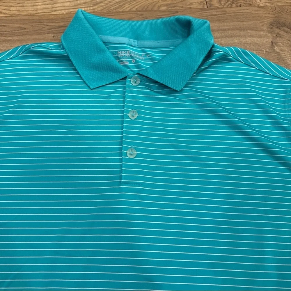 Nike Golf Tour Preformance Polo Shirt Mens Sz L Teal Stripe Dri-Fit Short Sleeve